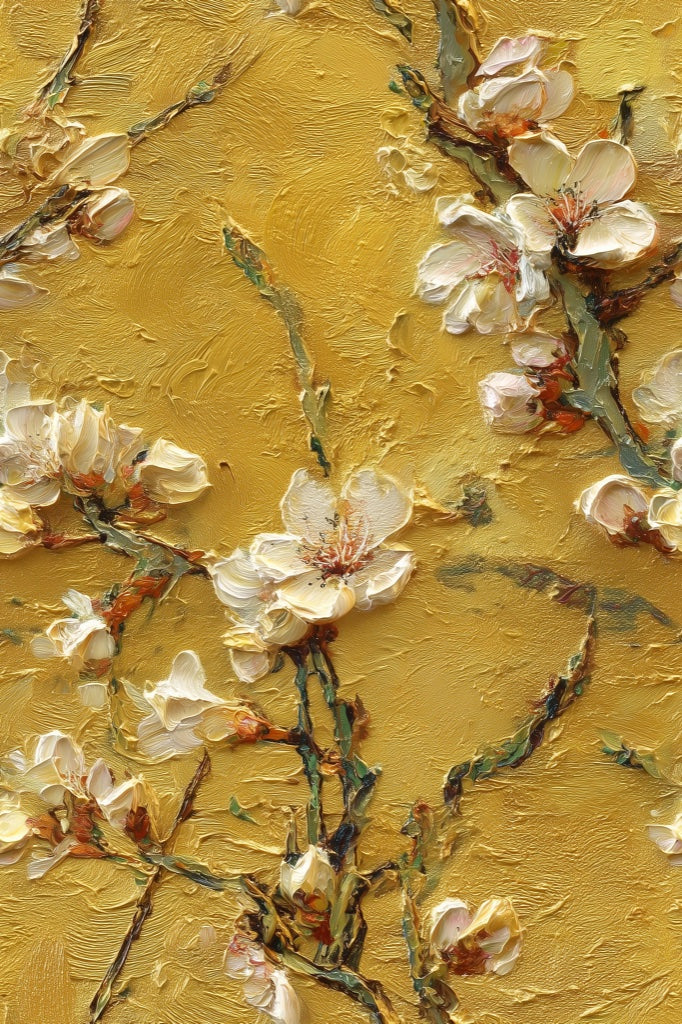 Golden Look Yellow Cherry Blossom Textured Floral Wallpaper pattern artwork