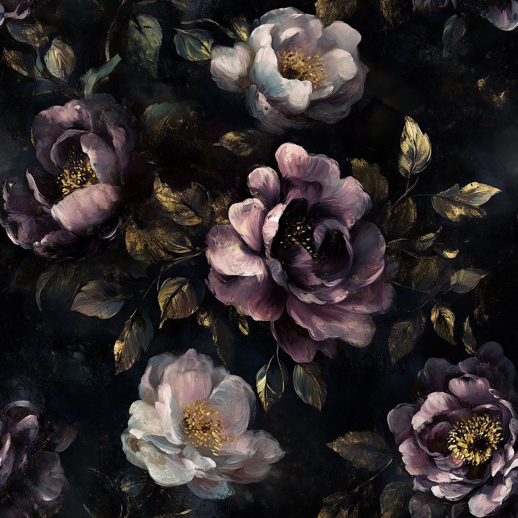 Deep Plum and Black Large Floral Wallpaper pattern artwork