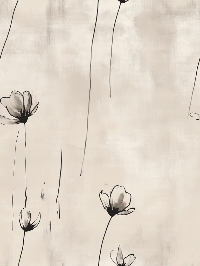 Beige and Black Minimalist Wildflower Wallpaper pattern artwork