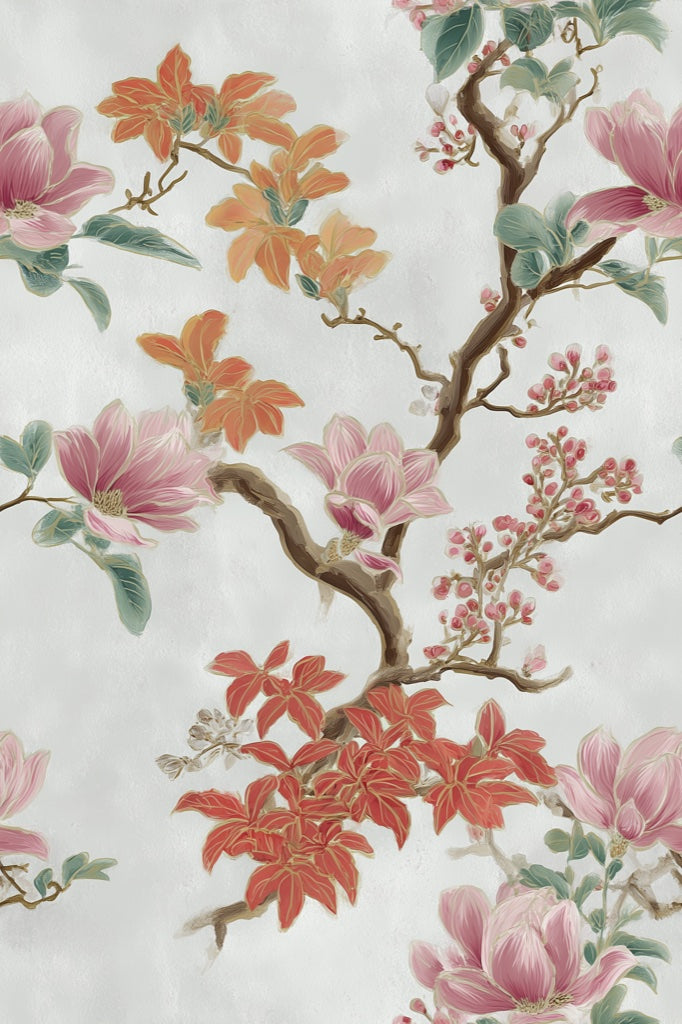 Cream and Pink Magnolia Branch Wallpaper pattern artwork