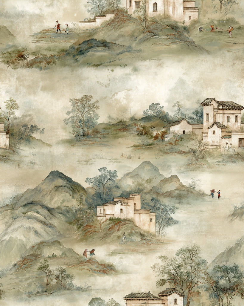 Beige Pastoral Landscape Wallpaper pattern artwork