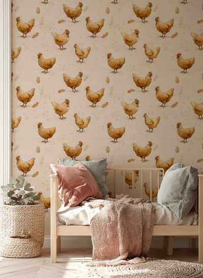 Rustic Beige Chicken Farmyard Wallpaper - 2