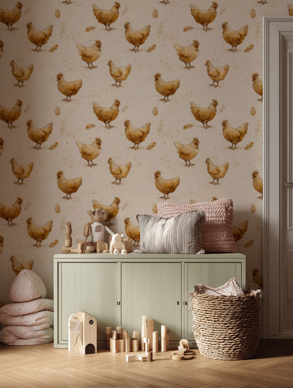 Rustic Beige Chicken Farmyard Wallpaper