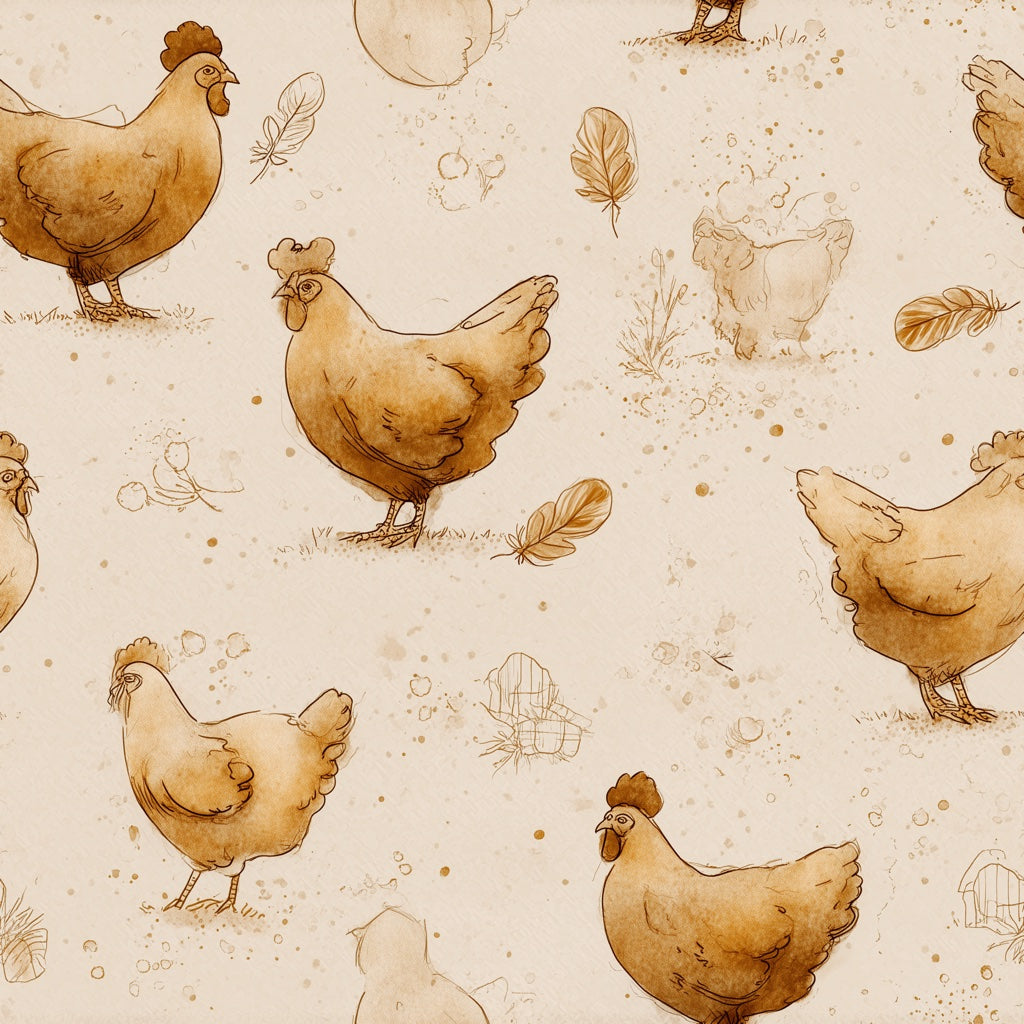Rustic Beige Chicken Farmyard Wallpaper pattern artwork