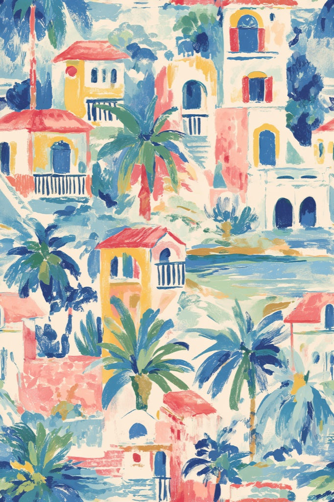 Multicolor Mediterranean Village Tropical Wallpaper pattern artwork