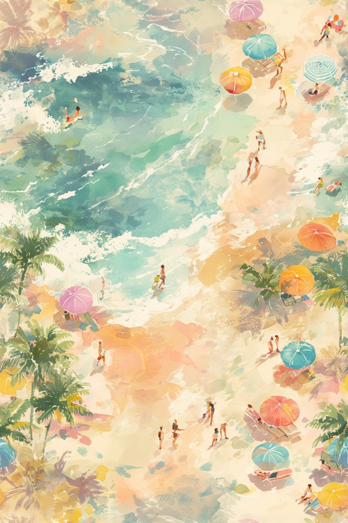 Multicolor Beach Scene Watercolor Wallpaper pattern artwork