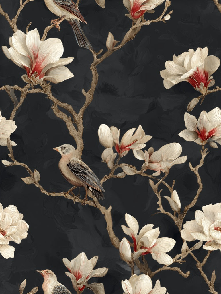 Dark Elegance Magnolia & Bird Wallpaper pattern artwork