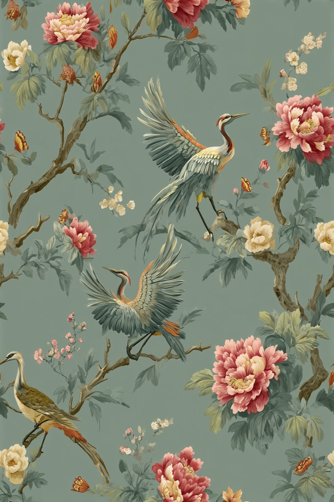 Deep Sage Green Peony and Crane Wallpaper pattern artwork