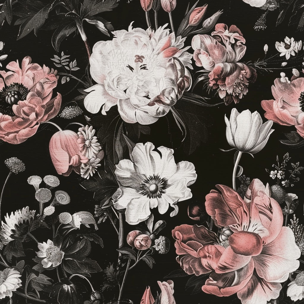 Vintage Black and Pink Large Floral Wallpaper pattern artwork