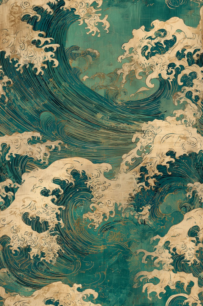 Teal and Beige Japanese Wave Pattern Wallpaper pattern artwork