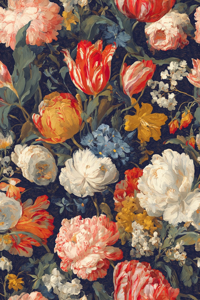 Deep Black Bold Large-Scale Floral Wallpaper pattern artwork