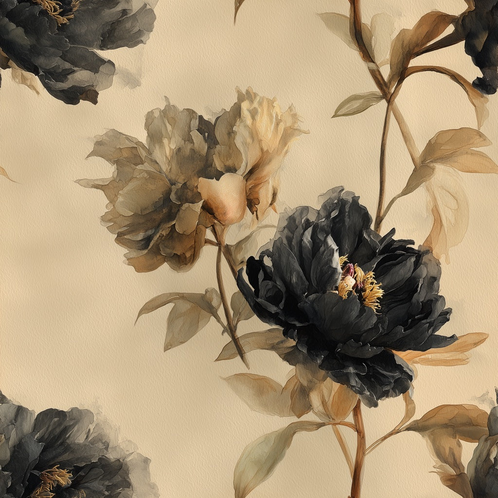 Elegant Beige and Black Peony Floral Wallpaper pattern artwork