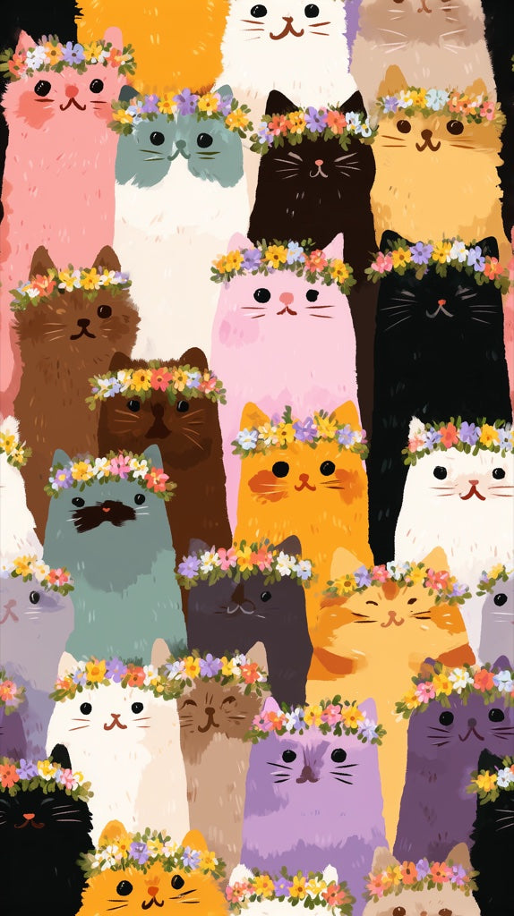 Multicolor Floral Crown Cat Pattern Wallpaper pattern artwork