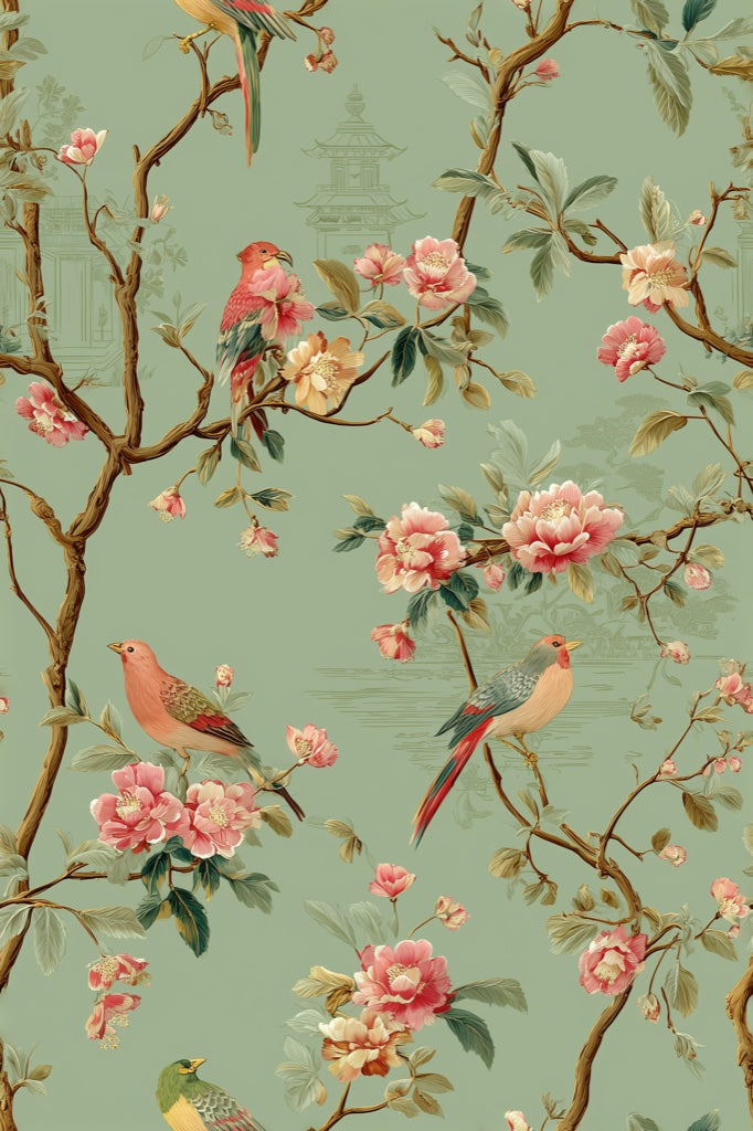 Sage Green Cherry Blossom and Bird Wallpaper pattern artwork
