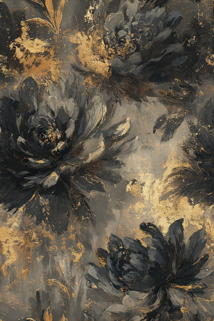 Deep Black and Gold Look Large Floral Wallpaper pattern artwork