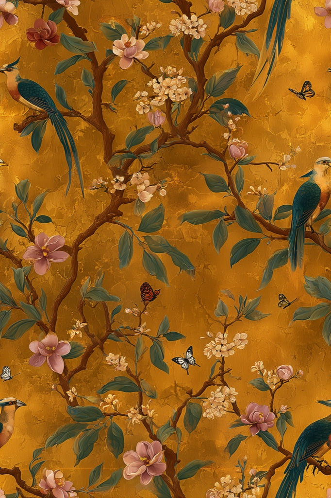 Golden Look Floral and Bird Vintage Wallpaper pattern artwork