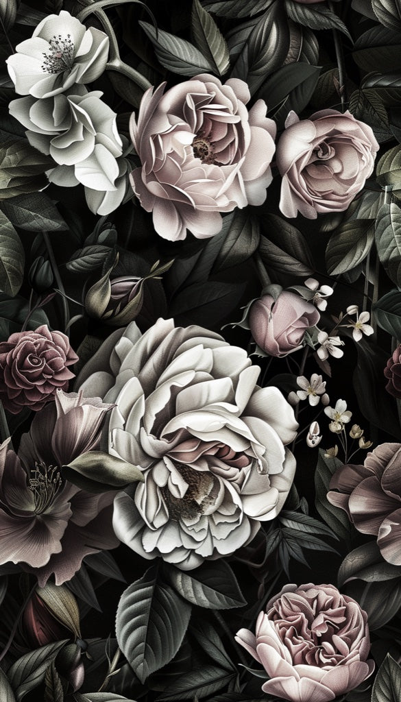 Dark Charcoal Elegance Rose Floral Wallpaper pattern artwork