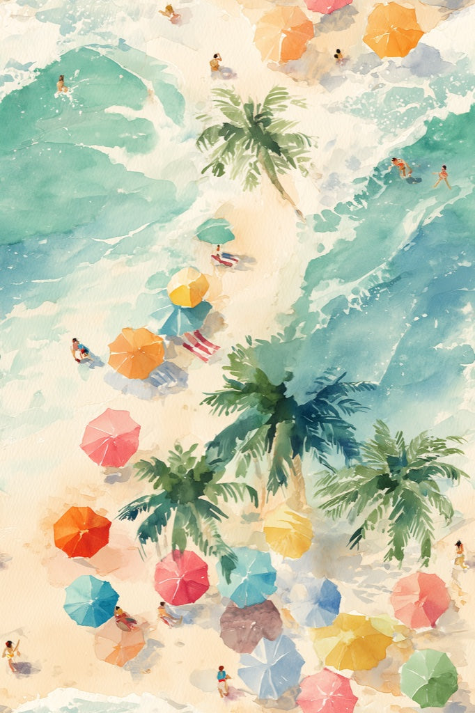 Vibrant Beach Scene Watercolor Wallpaper pattern artwork