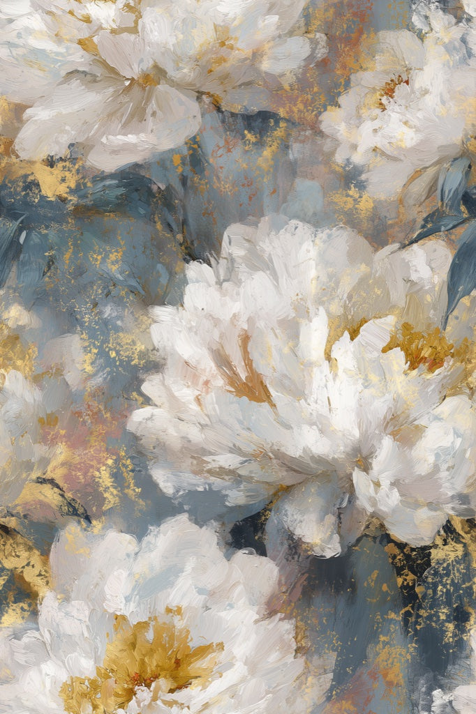 Moody Blue and Cream Peony Floral Wallpaper pattern artwork