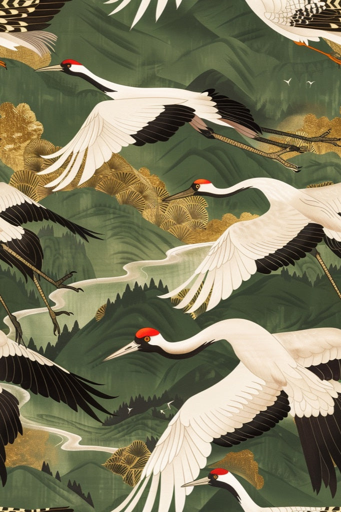 Emerald Green Japanese Crane Wallpaper pattern artwork
