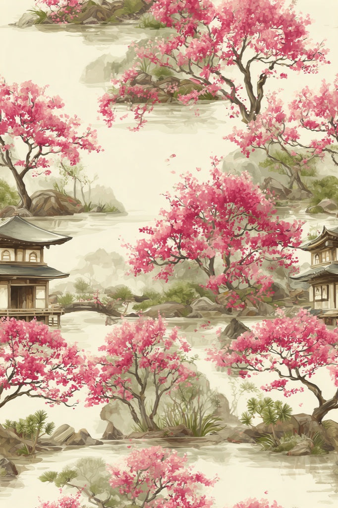 Cream Chinoiserie Cherry Blossom Wallpaper pattern artwork