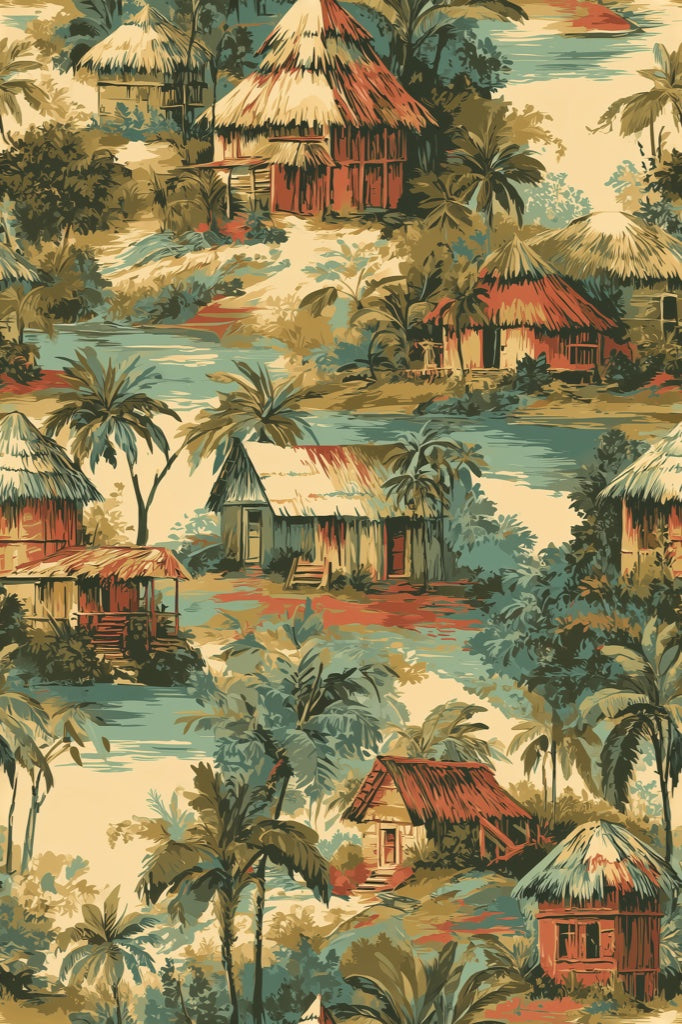 Vintage Beige Tropical Landscape Wallpaper pattern artwork