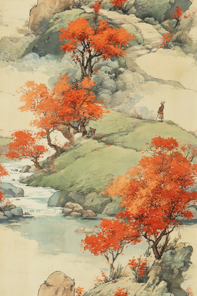Beige and Orange Japanese Landscape Wallpaper pattern artwork
