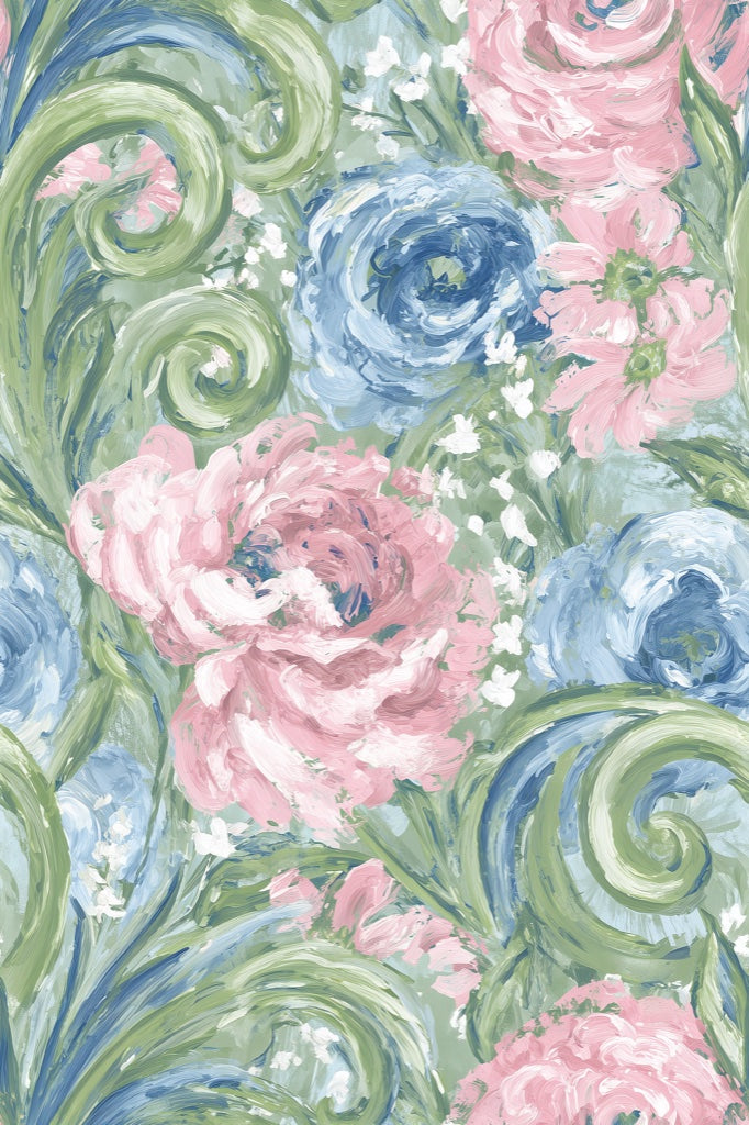 Pink and Blue Large Floral Pattern Wallpaper pattern artwork