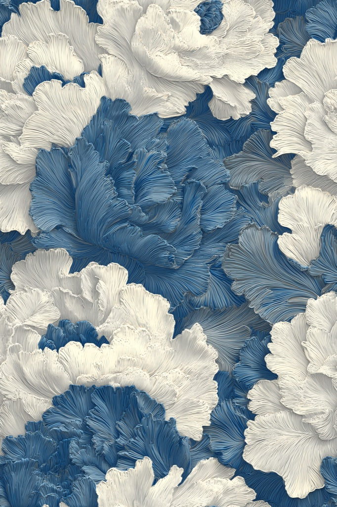 Deep Blue and Cream Peony Floral Wallpaper pattern artwork