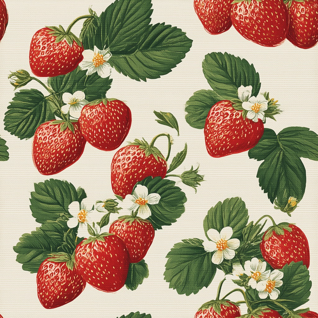 Cream Background Strawberry Floral Wallpaper pattern artwork