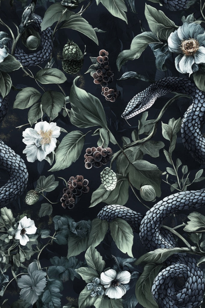 Dark Botanical Wildflower and Snake Pattern Wallpaper pattern artwork