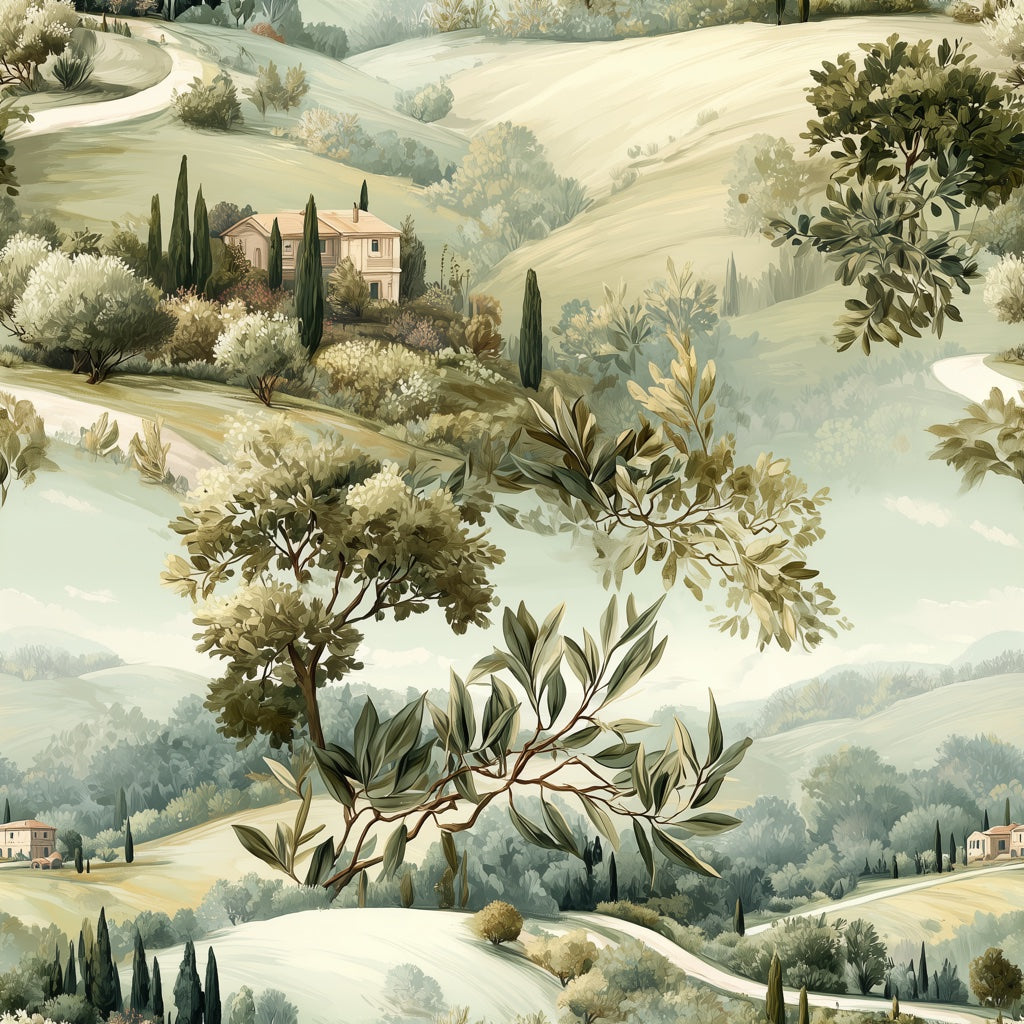 Serene Green Countryside Landscape Wallpaper pattern artwork