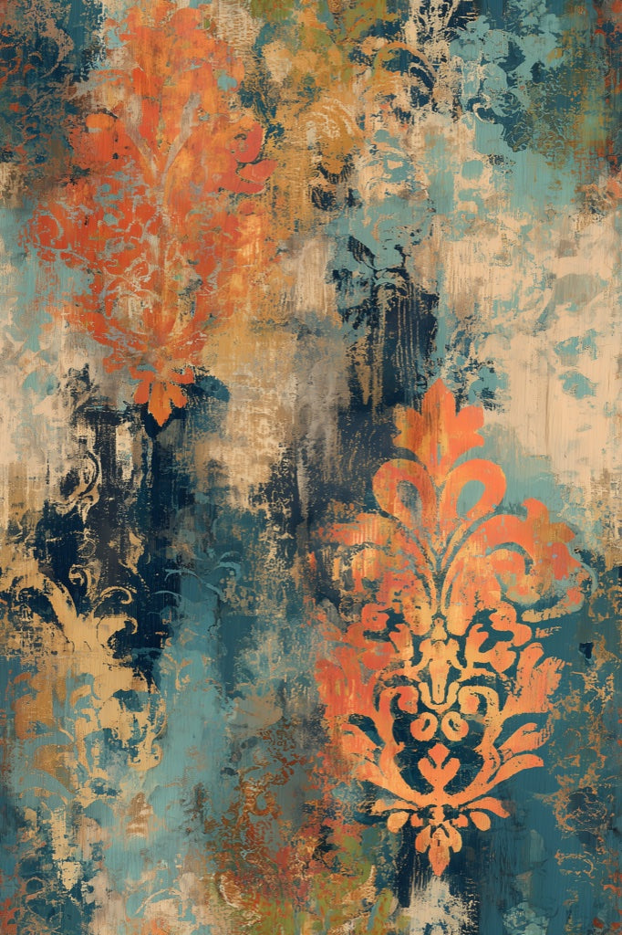 Teal and Orange Distressed Damask Wallpaper pattern artwork