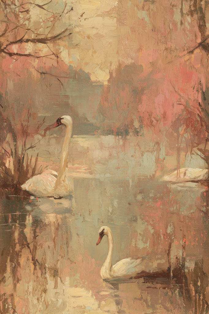 Muted Beige Autumn Lake Swan Wallpaper pattern artwork