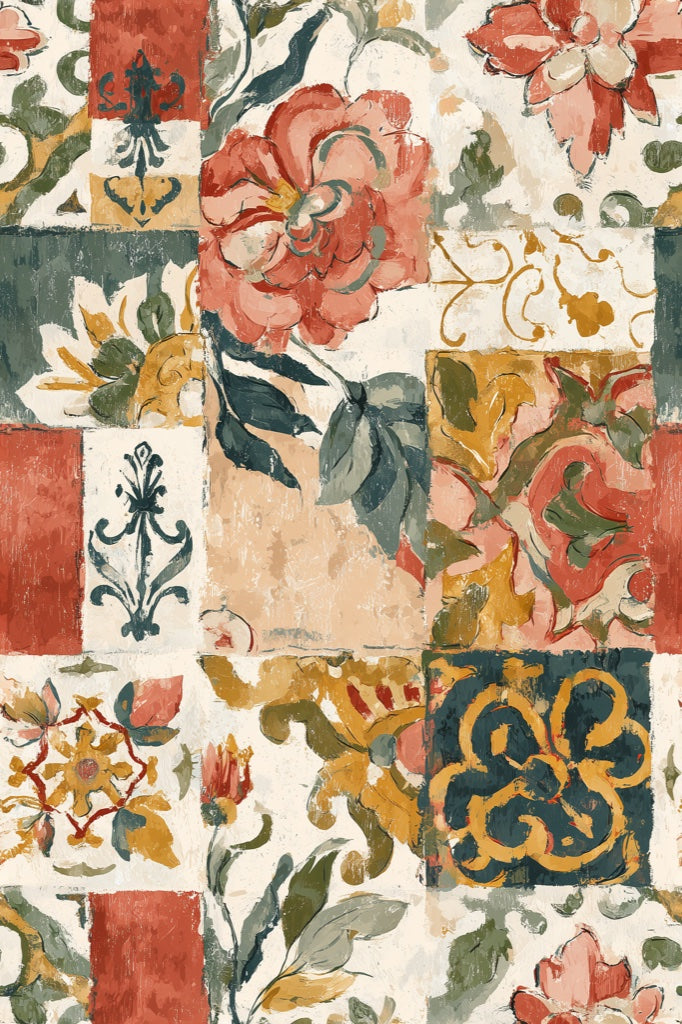 Cream and Terracotta Vintage Floral Patchwork Wallpaper pattern artwork
