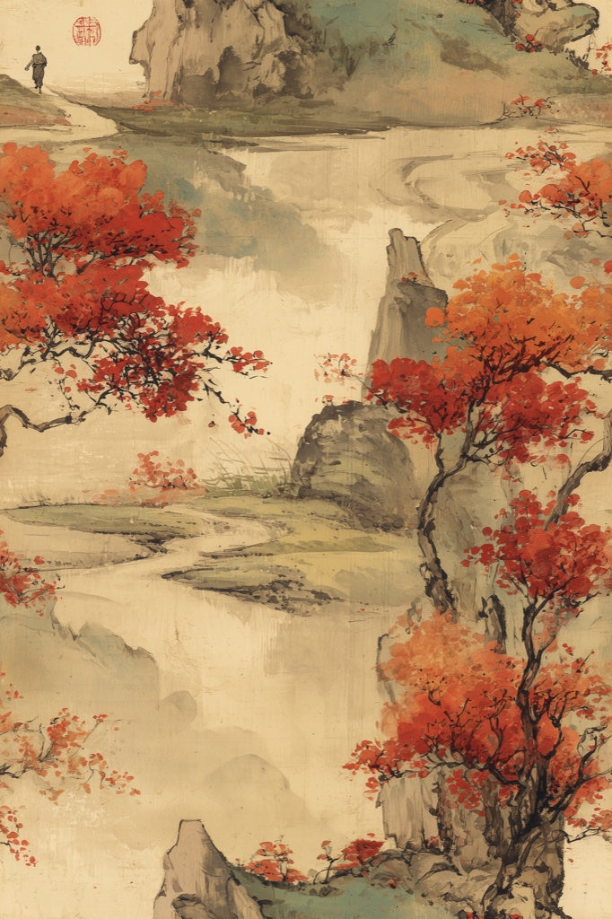 Warm Beige Japanese Landscape Wallpaper pattern artwork