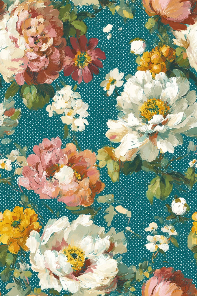 Teal Large Floral Blossom Wallpaper pattern artwork