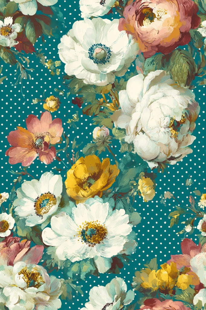 Teal Bold Peony Floral Wallpaper pattern artwork