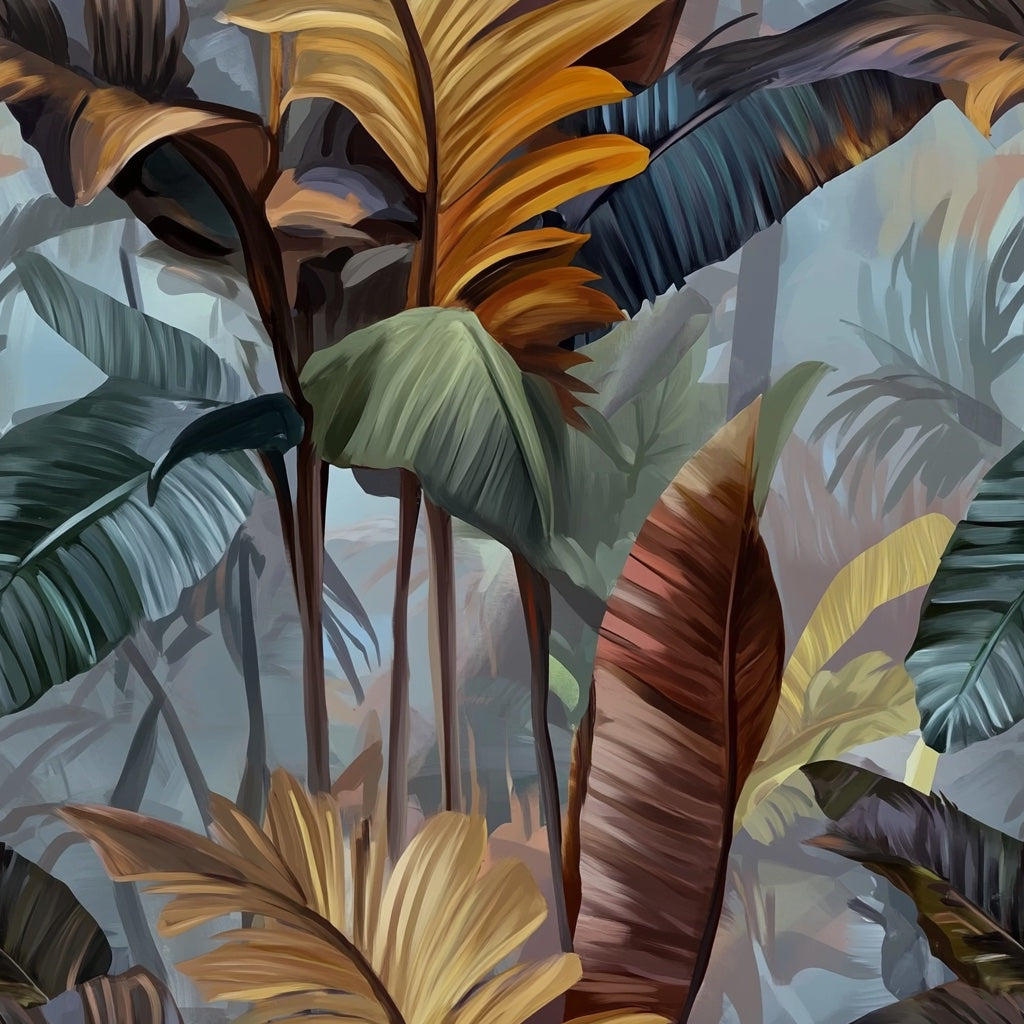 Moody Blue and Brown Tropical Leaf Wallpaper pattern artwork