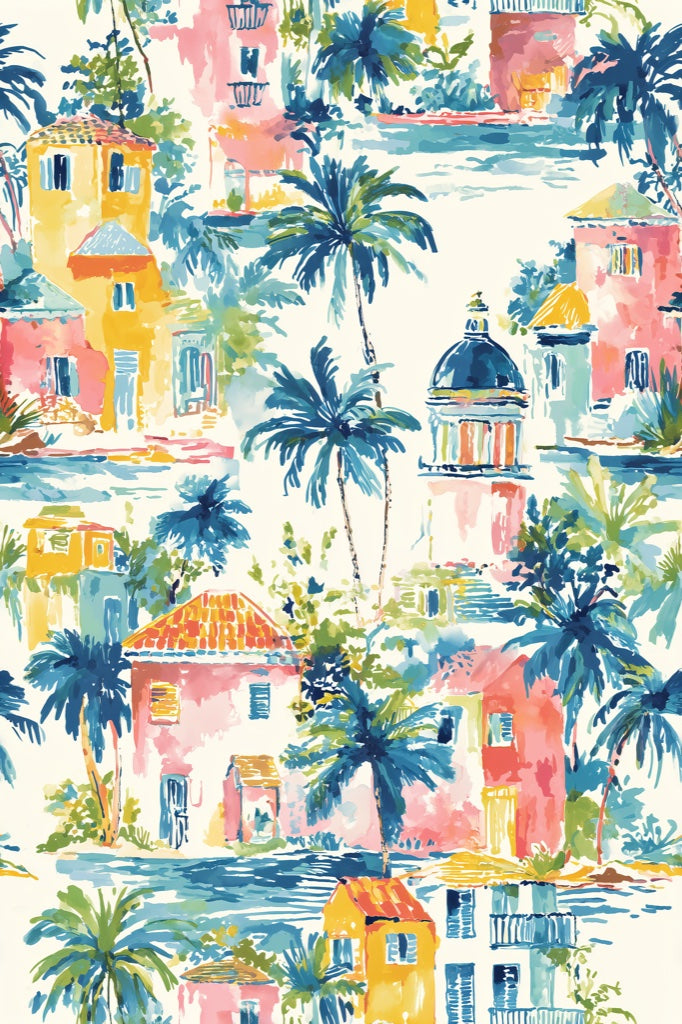 Multicolor Tropical Villa Architecture Wallpaper pattern artwork