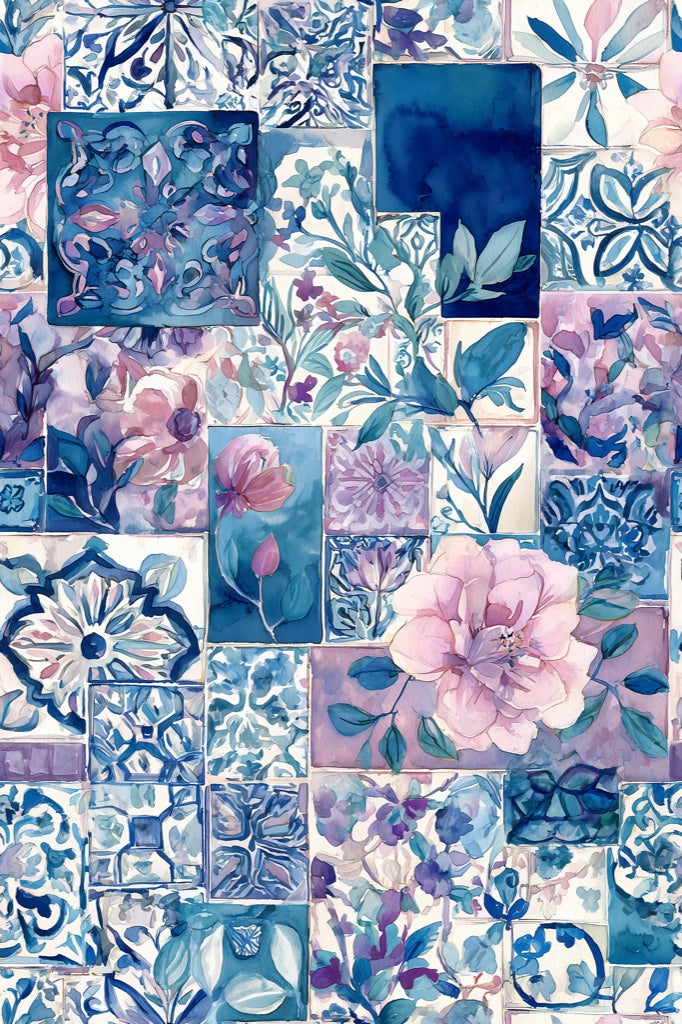 Elegant Blue and Pink Floral Patchwork Wallpaper pattern artwork