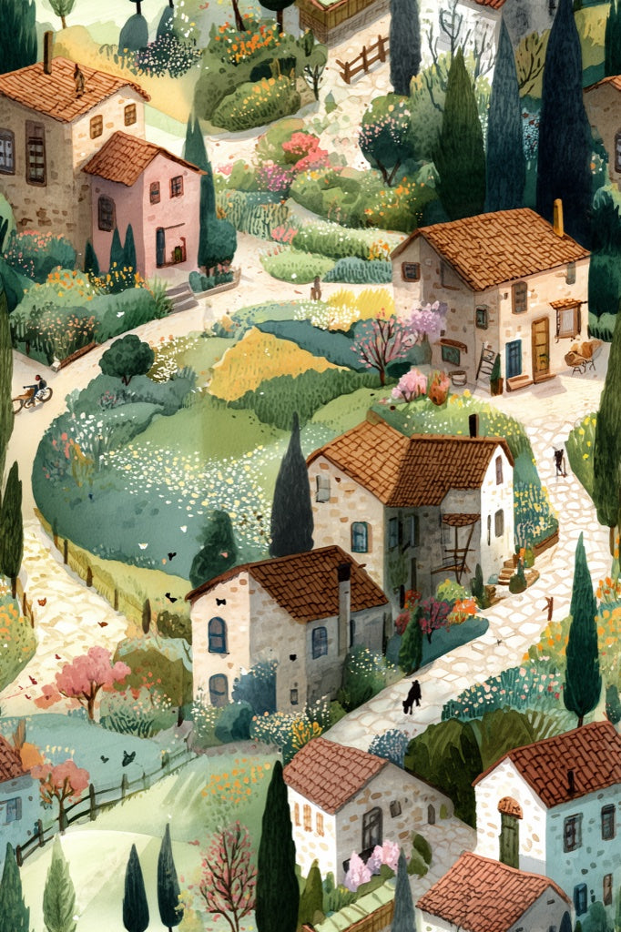 Charming Village Landscape Wallpaper pattern artwork