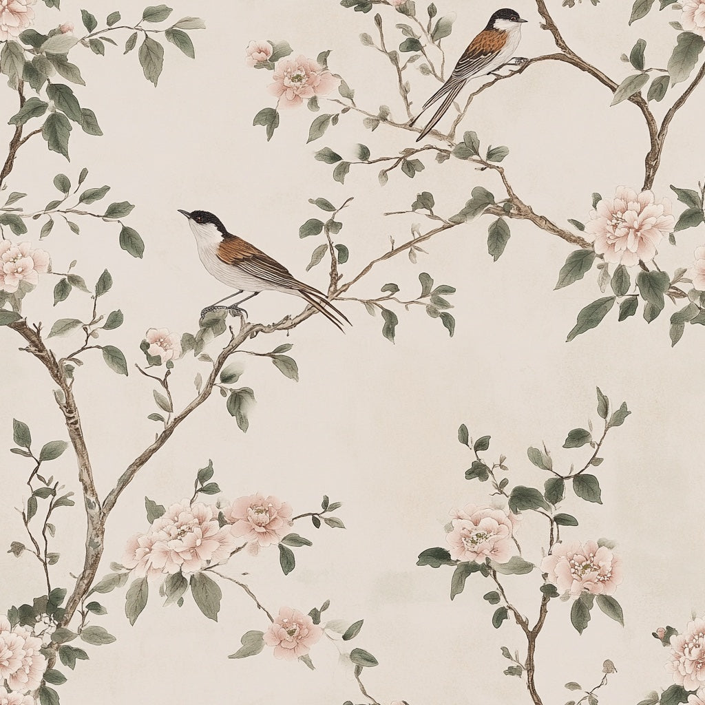 Cream Background Bird and Blossom Botanical Wallpaper pattern artwork