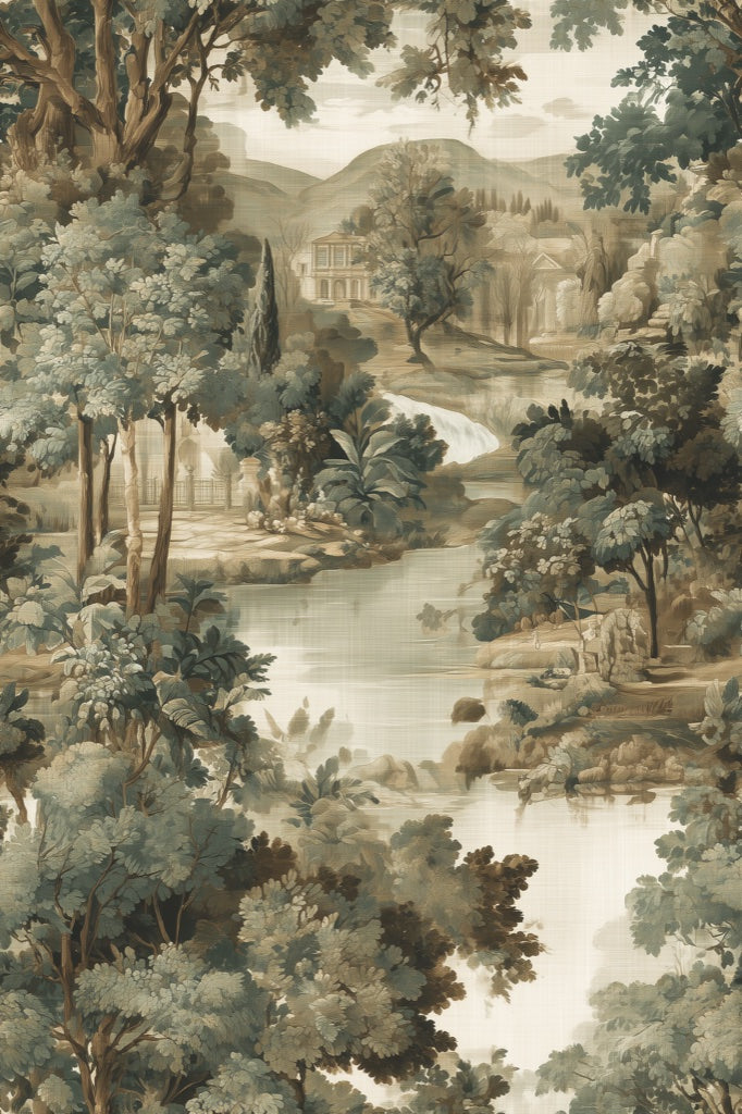 Vintage Green Forest Landscape Wallpaper pattern artwork