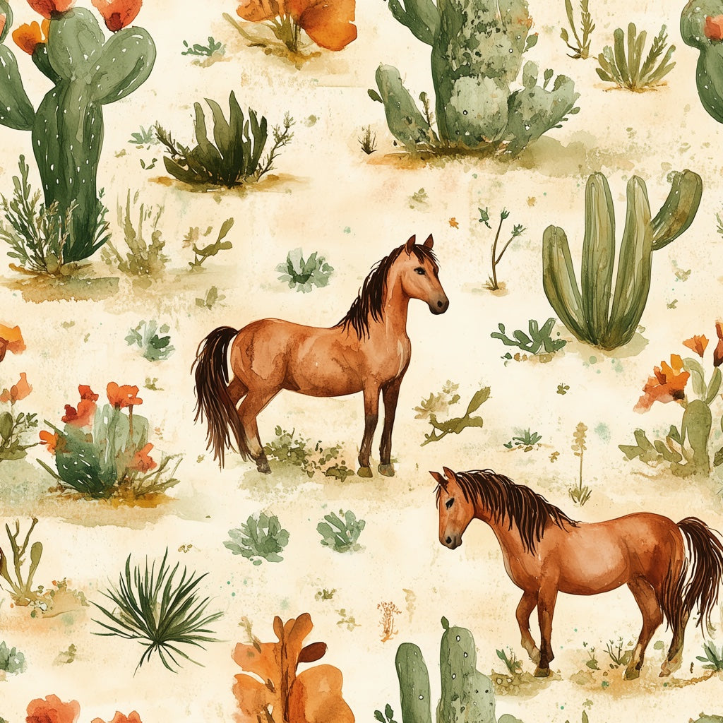 Brown Horses and Cacti Desert Wallpaper pattern artwork