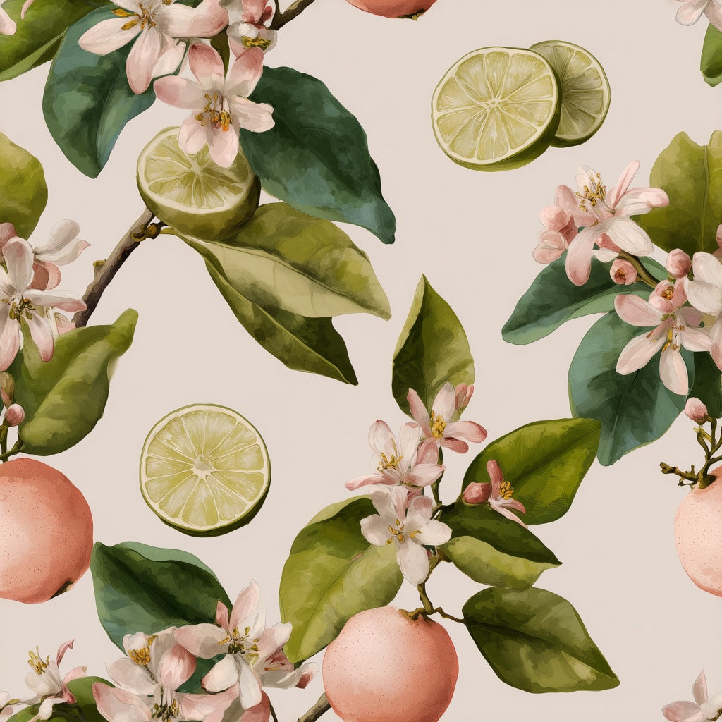 Cream and Green Citrus Blossom Wallpaper pattern artwork