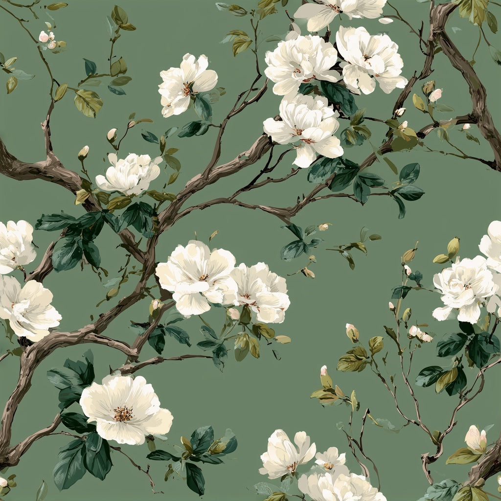 Sage Green Cherry Blossom Floral Wallpaper pattern artwork