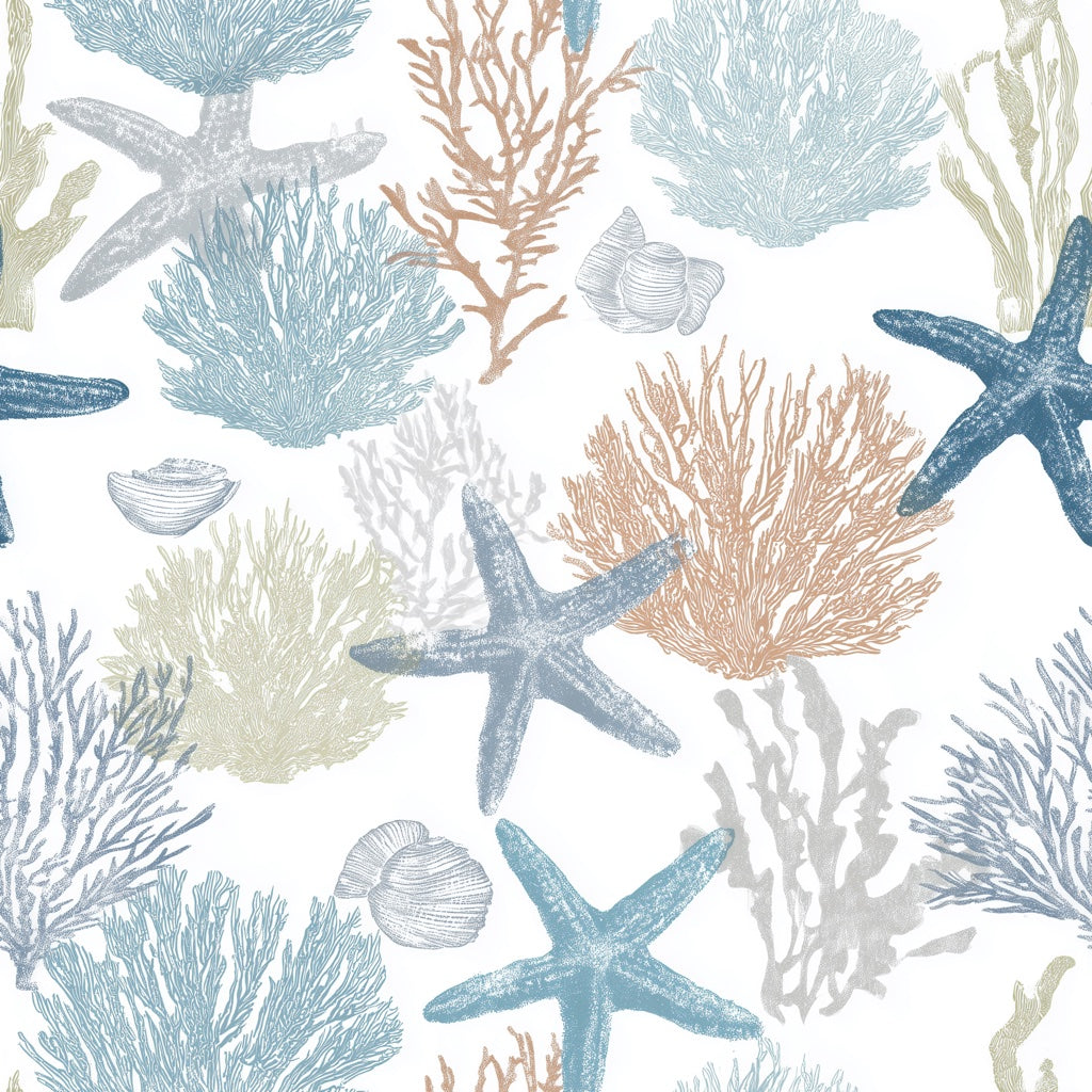 Cream and Blue Starfish Underwater Wallpaper pattern artwork
