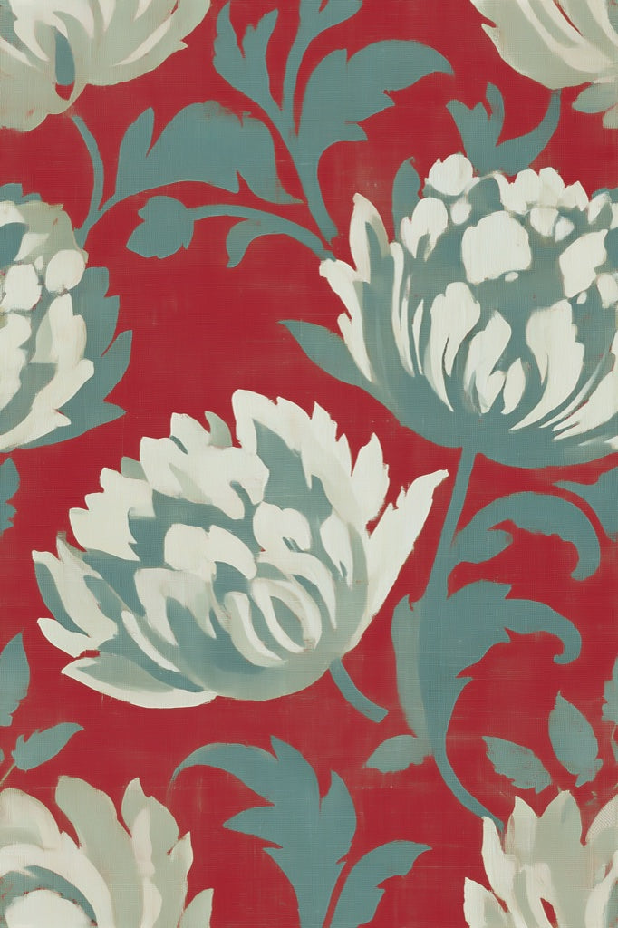Crimson Red with Teal Large Floral Wallpaper pattern artwork