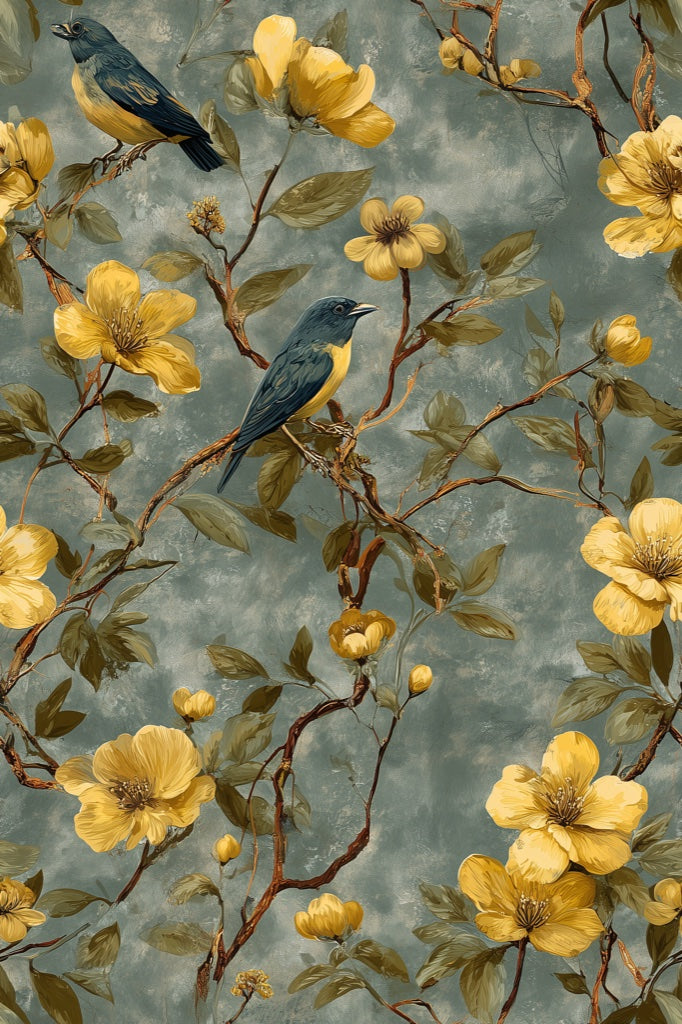Muted Green and Yellow Tropical Bird Floral Wallpaper pattern artwork